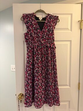 J. Crew Floral V-Neck Midi Dress in Pink and Black